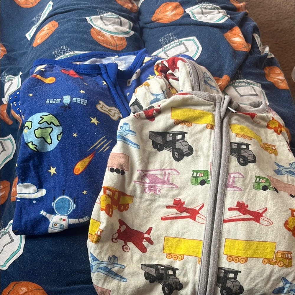 B24 Lot of 2 Cute Cotton Bamboo Zippies Space and Vehicles Kids Pajamas Set